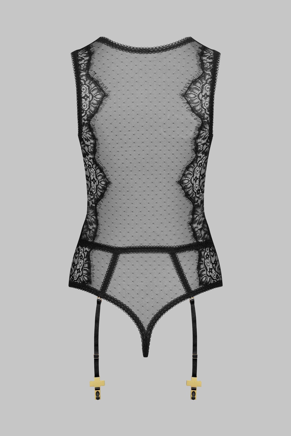 Stringbody mit Strumpfhaltern Kreuz - Inspiration Divine