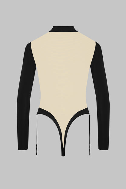 Body string col V manches longues porte-jarretelles - Pure Tentation