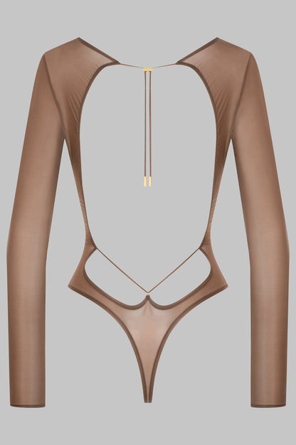 Open Back Long Sleeve Thong Bodysuit - French Kiss Light