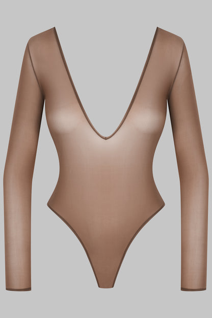 Open Back Long Sleeve Thong Bodysuit - French Kiss Light
